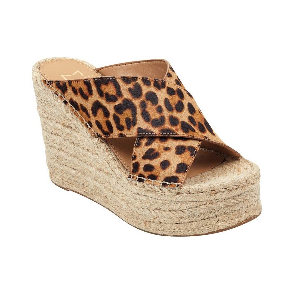 Marc Fisher LTD Mladenly Leopard Calf Hair Espadrille Wedge Sandals Brown 7.5M